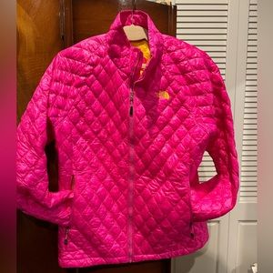North Face zip-up ski jacket, neon pink with yellow interior, large